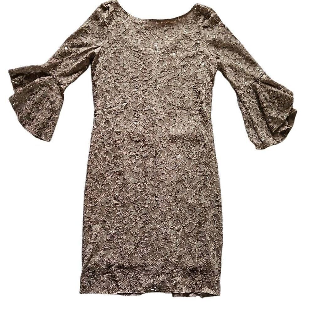 MARINA Lace Sequin Fully Lined Cocktail Dress Taupe 8